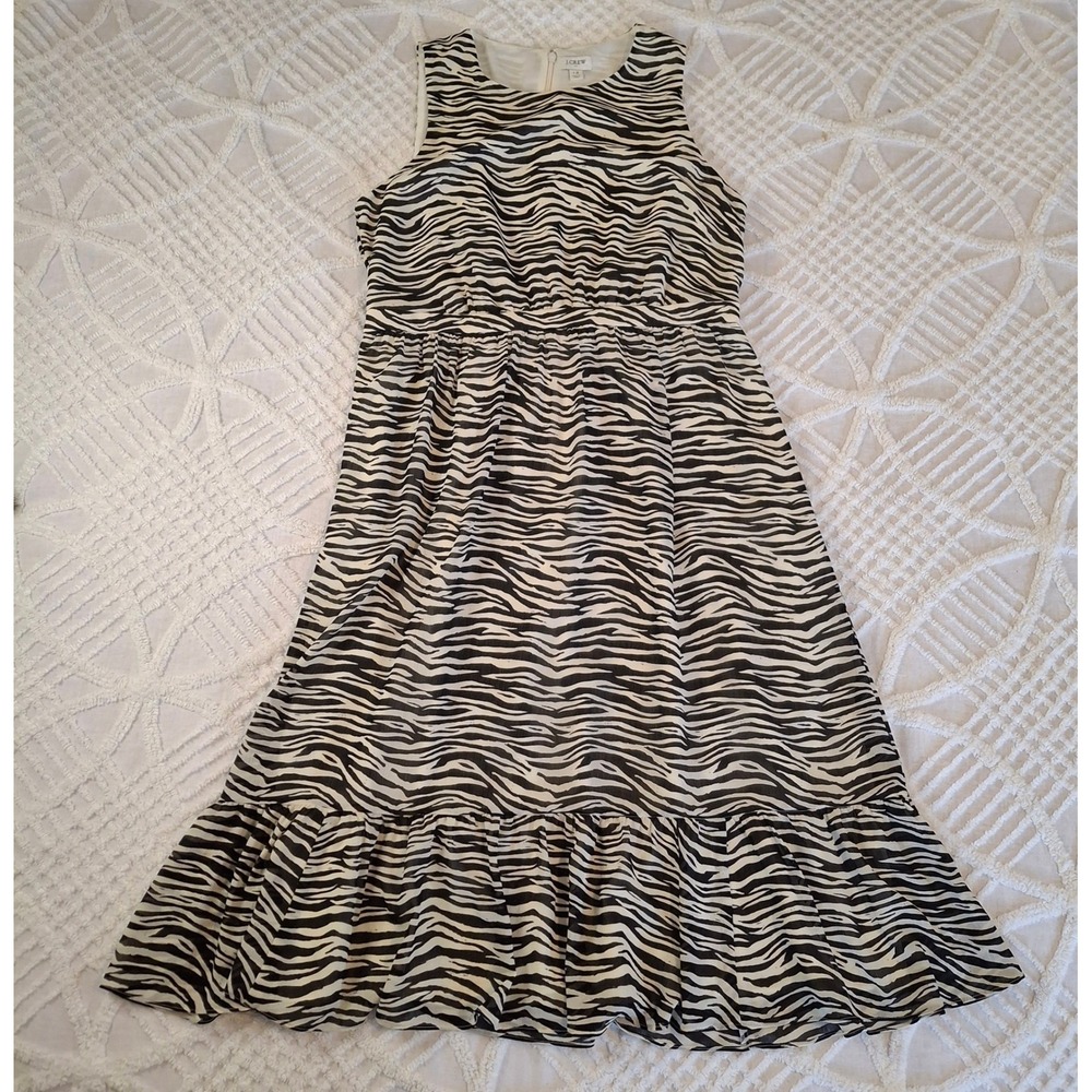 J.Crew Womens 12 Zebra Print Sleeveless Ruffle Hem Midi Dress Black White NWT